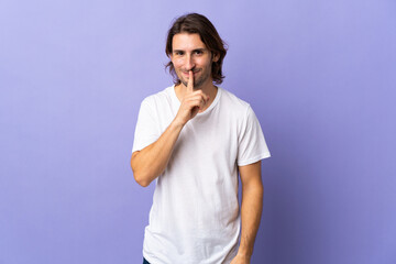 Young handsome man isolated on purple background showing a sign of silence gesture putting finger...