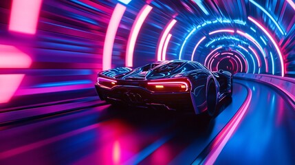 Fototapeta premium Speeding Through the Neon Future: Futuristic Car Racing in Vibrant Tunnel Lights
