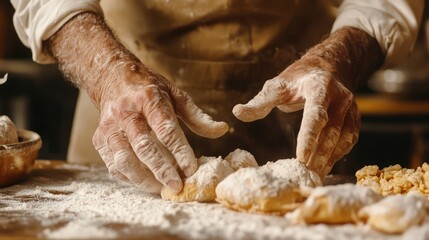 In the restaurant or home kitchen, the old hands of the baker prepare ecologically natural pastries. Ai generation