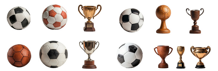 Soccer Glory Await: A collection of classic leather soccer balls and gleaming trophies champions isolated cut out PNG on transparent. 
