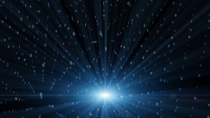 Digital technology computer 3D binary data numbers in cyberspace with artistic shining light illustration background.	