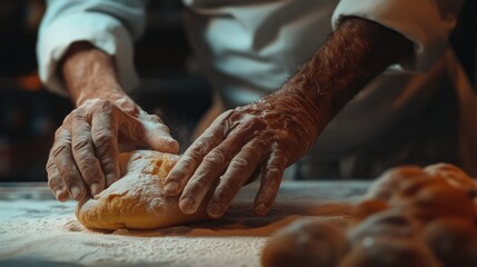 In the restaurant or home kitchen, the old hands of the baker prepare ecologically natural pastries. Ai generation