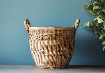 large wicker basket with an open lid sitting on a table against a blue wall background