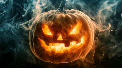 Glowing jack-o'-lantern surrounded by eerie smoke, creating a spooky Halloween atmosphere.
