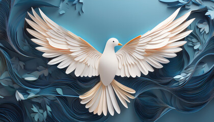 Obraz premium white dove with wings spread. Peace Freedom symbol. Layered Cut paper material. Paper cut of International Peace Day.