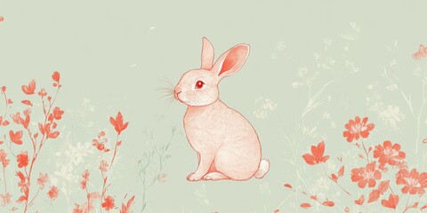 Ethereal Rabbit as the Centerpiece of a Chinese Zodiac Illustration: A Minimalist and Culturally Rich Design with Geometric Florals on a Subtle Green Canvas