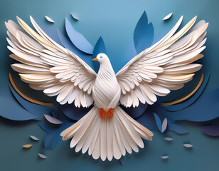 Obraz premium white dove with wings spread. Peace Freedom symbol. Layered Cut paper material. Paper cut of International Peace Day.
