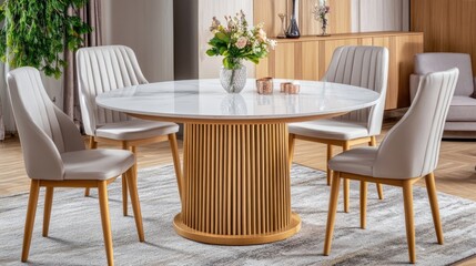 Obraz premium A stylish dining area showcases a round marble table with a wooden base, accompanied by four light beige armchairs on a floral rug under abundant natural light.