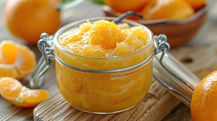   Orange-filled glass jar atop wooden table, adjacent to orange bowl