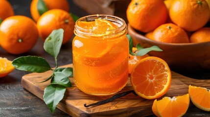  Jar with orange juice, sliced oranges, and orange bowl background