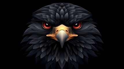 A powerful black eagle head with piercing red eyes, artistically rendered in a symmetrical design with strong contrasts on a black background