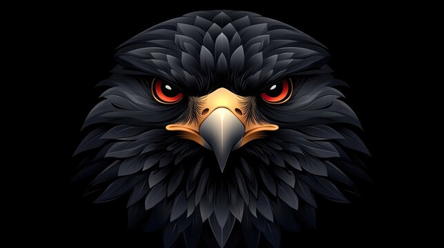 A powerful black eagle head with piercing red eyes, artistically rendered in a symmetrical design with strong contrasts on a black background