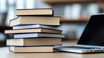 A neat stack of books rests next to a laptop on a wooden table, illustrating a focused study environment in a bright indoor setting.
