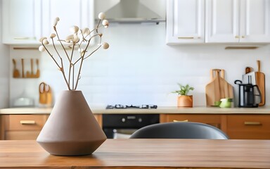 a vase on wooden table with kitchen background