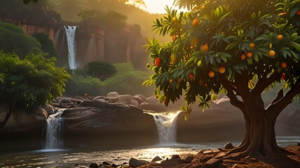 waterfall in the park and fruit tree is showing 