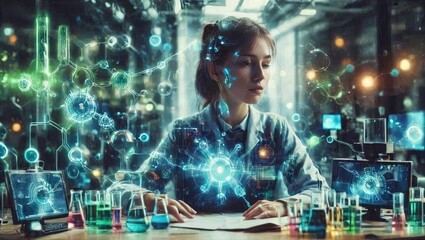Woman in lab coat in futuristic cyber lab, surrounded by digital and molecular graphics, focused on research.