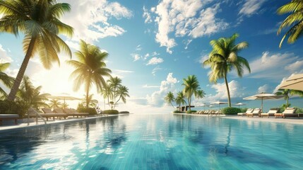 Fototapeta premium Tropical resort pool with palm trees and sun loungers under a clear blue sky.