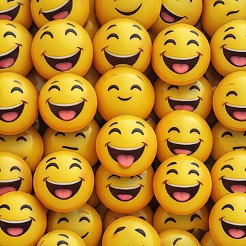 Naklejki Collage of happy emojis with various expressions, representing joy and positive emotions, tightly arranged.