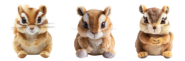 Set of cute chipmunk toy, soft toy front view isolated on a transparent background