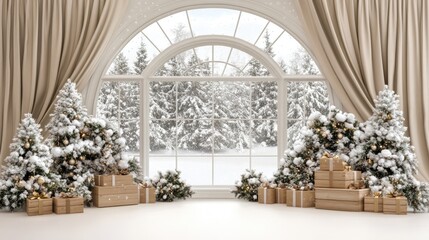 A warm, inviting space showcases a wide arched window displaying a snowy landscape, decorated Christmas trees, and wooden boxes filled with gifts