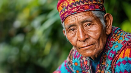Fototapeta premium A man wearing a colorful hat and a multicolored jacket is looking at the camera. The scene is set in a lush green environment, with trees and plants surrounding the man