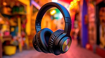 Black Wireless Headphones in a Blurred Urban Setting