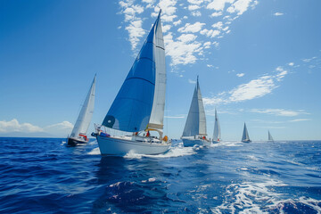 Fototapeta premium Thrilling Sailing Yacht Regatta With Multiple Vessels Racing Under Clear Blue Skies