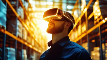 A man wearing a virtual reality headset is standing in a warehouse. The warehouse is filled with boxes and shelves, and the man is looking at something on the screen of his headset
