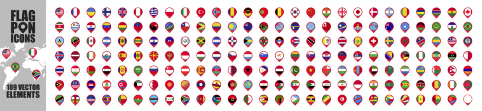 Giant world flag set. All World Flags. Vector Round Pin Flat Icons