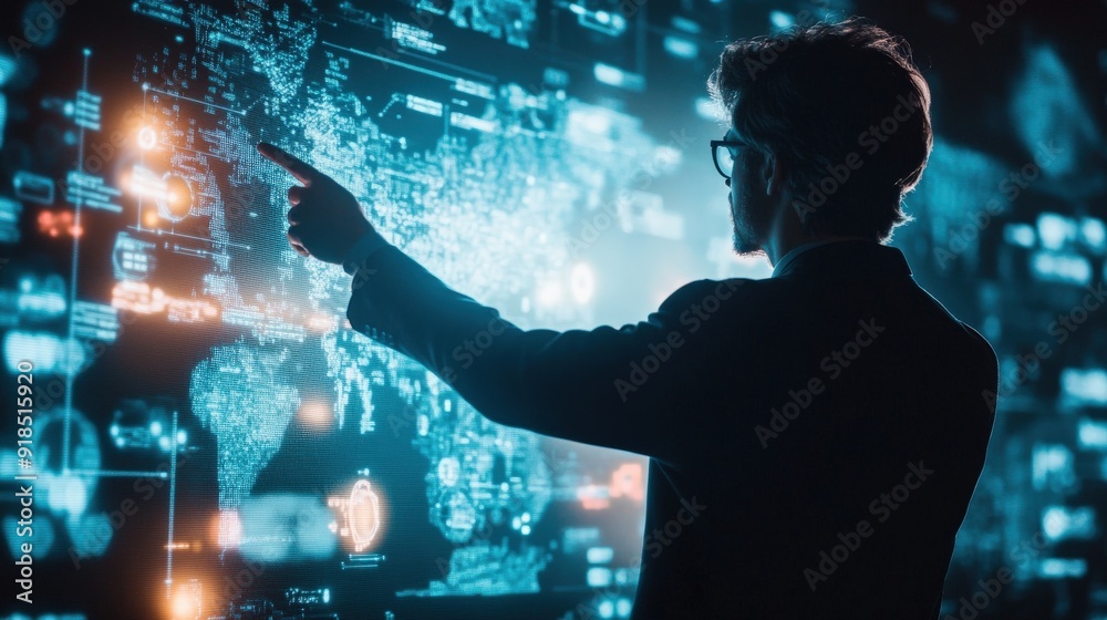 Poster a man pointing at a computer screen with a map on it. the man is wearing glasses and is dressed in a