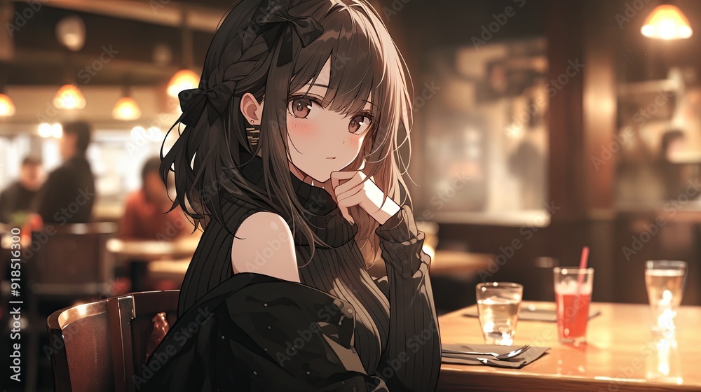 Wall mural Anime illustration of a girl with dark hair, sitting in a cozy cafe with warm ambient lighting. She wears a stylish black outfit and gazes softly, creating an inviting and intimate atmosphere