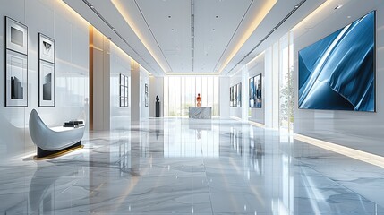 Modern enterprise hall, tie display hall, light gray reflective floor, white ceiling, an oversized led screen near the front, and silk and tie displays on the wall. Generative AI.