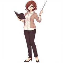 Anime-style illustration of a female teacher wearing glasses, holding a black book and pointer. She is dressed in a beige blazer, white shirt, and black pants, ready to teach