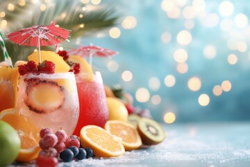 Obraz premium Tropical Frozen Cocktails with Fruit Garnishes on Festive Background