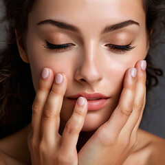 Obraz premium Closeup portrait of beautiful young woman with clean fresh skin, touching her face.