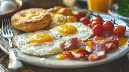 Close-up of a delicious breakfast with fried eggs, bacon, and toast.