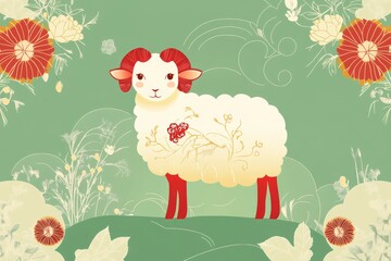 Obraz premium Zodiac Sheep in Tranquil Bloom: A Minimalist Chinese-Style Illustration with Geometric Florals on a Serene Lime Canvas