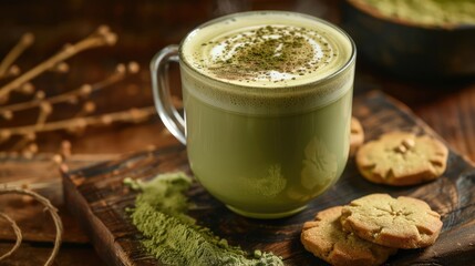A cup of matcha latte with cookies on a wooden board.