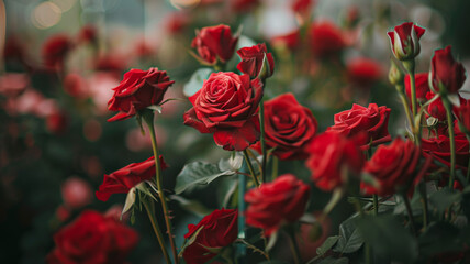 Fototapeta premium A Close-Up of a Lush Red Rose Bush