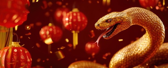 A vibrant golden snake surrounded by red lanterns, symbolizing prosperity and the Lunar New Year celebration. Perfect for festive marketing and cultural themes.