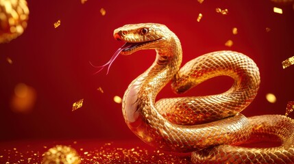 Obraz premium A striking gold snake on a vibrant red background, symbolizing prosperity and good fortune. Perfect for celebrating the Lunar New Year or luxury branding.
