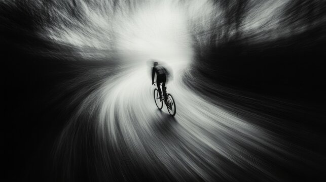 Cyclist navigating a winding road through foggy woods during twilight