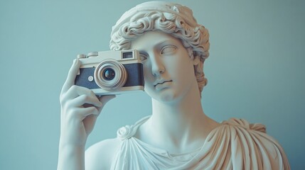 Classical statues wielding vintage cameras. Surreal fusion of ancient art and modern photography. Captivating concept for creative advertising, art galleries