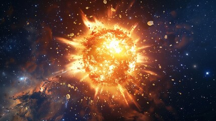 Vivid depiction of fiery supernova explosion in deep cosmos, with bright orange and yellow flames radiating against dark backdrop of outer space.