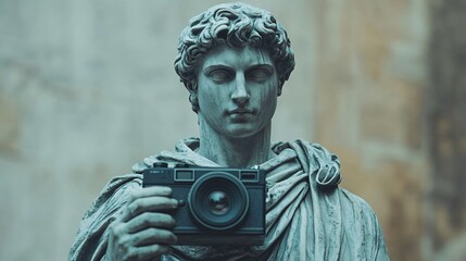 Classical statues wielding vintage cameras. Surreal fusion of ancient art and modern photography. Captivating concept for creative advertising, art galleries