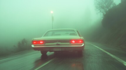 Fototapeta premium Classic car driving through dense fog on a winding road at dusk