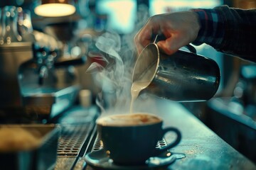 Close up of barista pouring steamed milk into a cup of coffee.