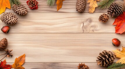 A rustic wooden background features rich autumn leaves and pine cones, creating a warm setting for creative text or design elements