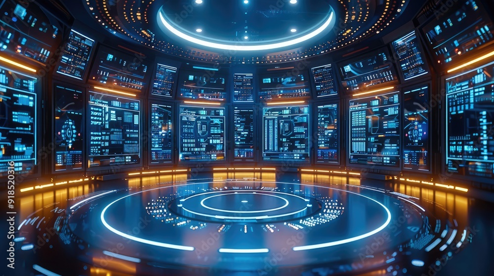 Aufkleber a large round room with an illuminated floor, futuristic digital blue background with glowing lines 
