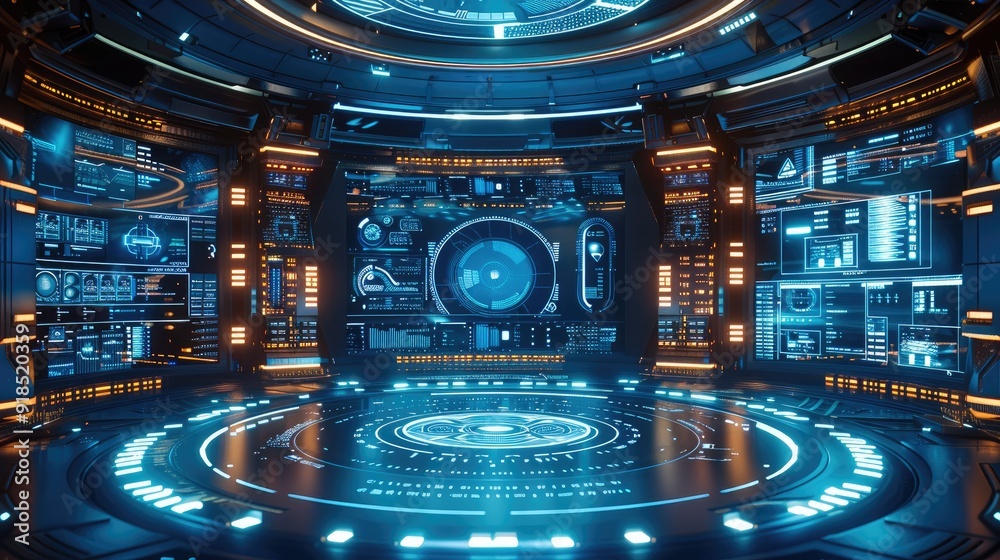 Aufkleber a large round room with an illuminated floor, futuristic digital blue background with glowing lines 